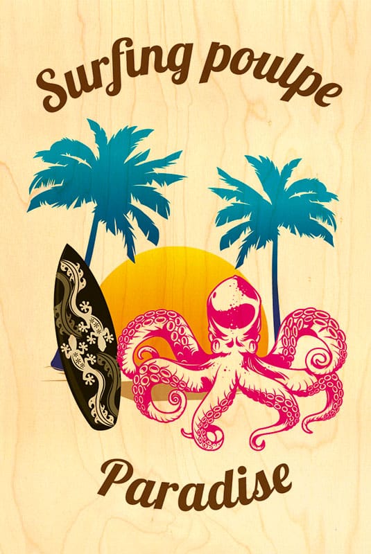 hironwoods-carte-postale-bois-surf-poulpe-paradise-100x150mm image 1